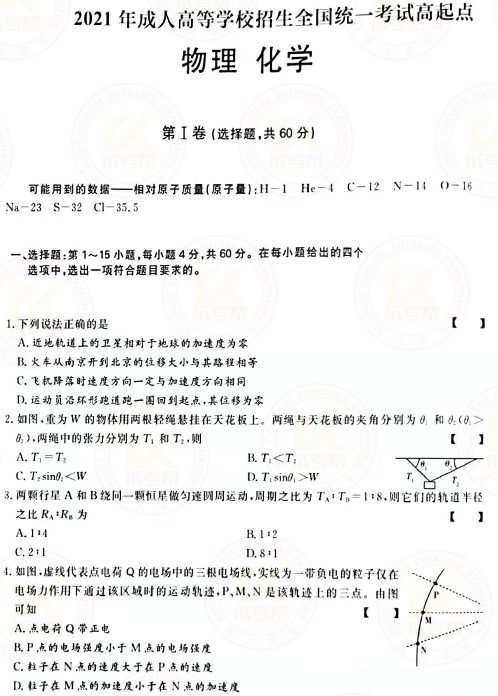 2021年成人高考高起本理化綜合真題及答案(已公布)!-1 2021年成人高考高起本理化綜合真題及答案(已公布)!-1